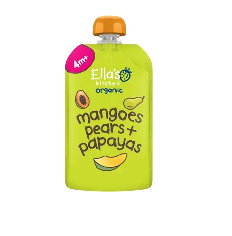 Ella’s Kitchen mango-pirni-papaiapüree mahe  3×120 g, öko, alates 4-elukuust (1tuub-1,79eur)