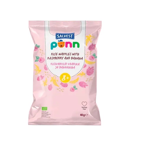 Põnn Salvest  Ökoloogilised Riisivahvlid vaarika ja banaaniga 2x40g 8+kuust (1pakk-2,32eur)