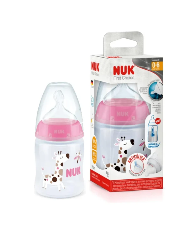 Nuk FC lutipudel 150ml 0-6kuud silikoon lutiga roosa kaelkirjak temperatuuri kontrolliga