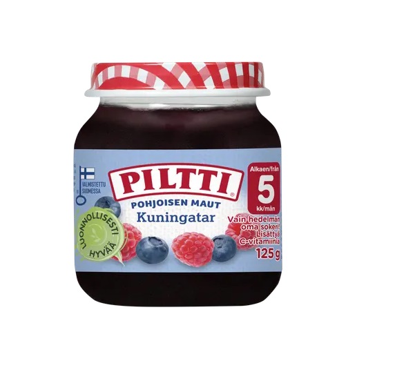 Piltti mustika-vaarika püree 3×125 g, alates 5-elukuust (1purk-1,49eur)
