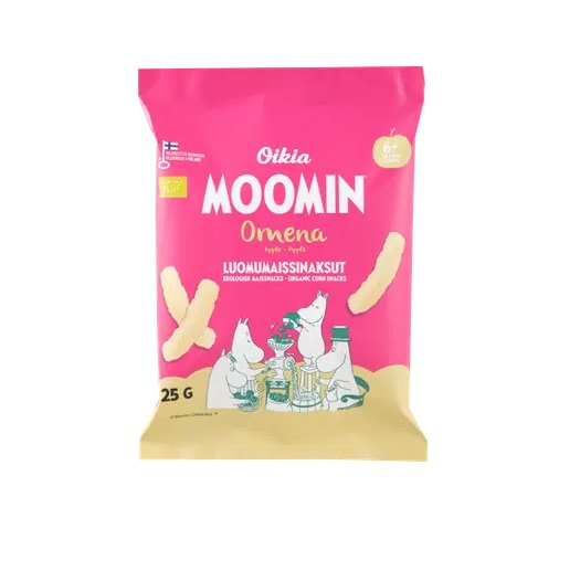 Moomin Oikia Muumi õuna maisisnäkid 25g mahe 6+kuust