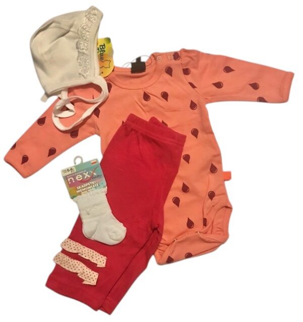 Dimo Tex püksid+Kids Up body+Blue bear müts+Nexx sokid beebile 56cm roosa