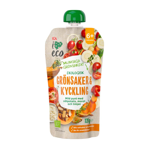 ICA I Love Eco  Mahe köögivilja-, riisi- ja kanapüree  120g  6+kuust