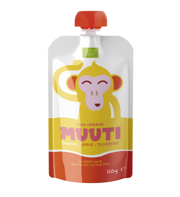 MUUTI Ahvipärdik Ökoloogiline banaani-õuna-mustikapüree 3x110g,6-elukuust (1tuub-1,63eur)