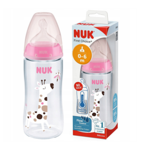 Nuk FC lutipudel 300ml 0-6kuud silikoon lutiga roosa kaelkirjak kiiliga temperatuuri kontrolliga