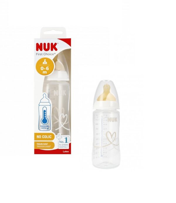 Nuk FC lutipudel 300ml 0-6kuud lateks lutiga valge/beez Süda temperatuuri kontrolliga