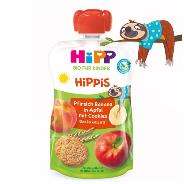 HiPP Hippis õuna-, banaani- ja virsikupüree küpsistega ÖKO 12.kuust 3x100g (1tuub-2,00eur)