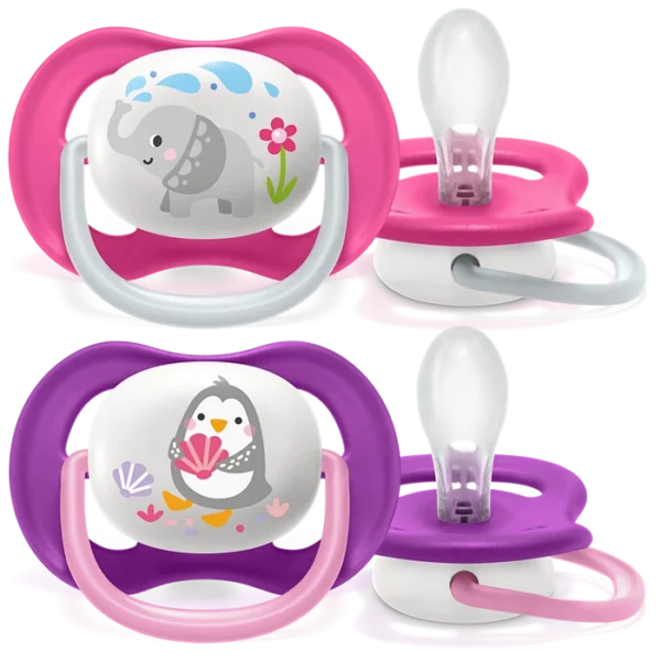 PHILIPS AVENT lutt ULTRA AIR ANIMALS, 6-18k tüdrukule 2tk lilla pingviin/roosa elevant