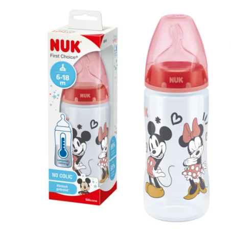 Nuk FC lutipudel 300ml 6-18kuud silikoon lutiga Roosa Minny temperatuuri kontrolliga