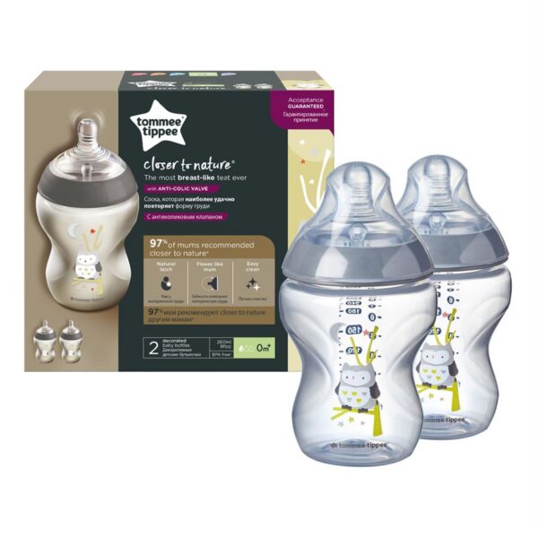 TOMMEE TIPPEE lutipudel Anti-Colic 2x260ml 0+kuud dekoreeritud Öökull 42252102