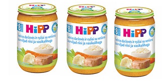 HiPP Aedviljad riisi ja vasikalihaga  ÖKO 3x220g Hipp 8.kuust  (1tk-2,75eur)