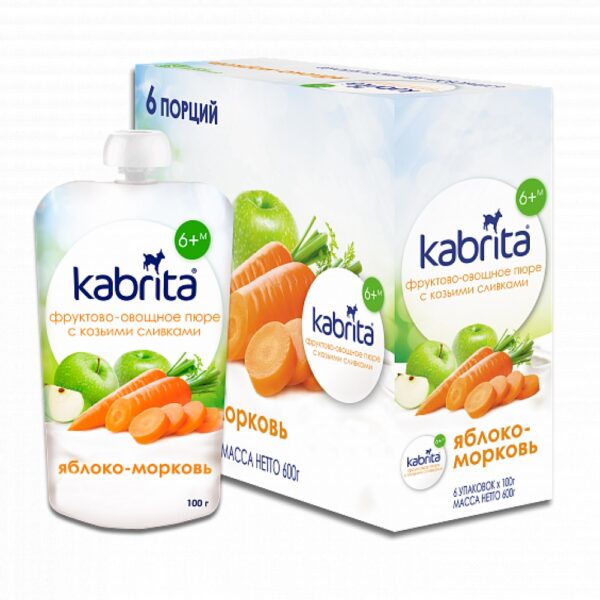 KABRITA Õuna-porgandipüree rõõsa koorega kitsepiimast 6+kuust 6x100g(1tuub-3,17eur)
