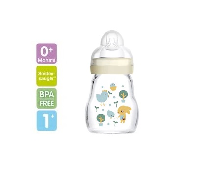 MAM Feel Good klaaspudel 160ml valge jänku linnukestega,2+kuud 295027