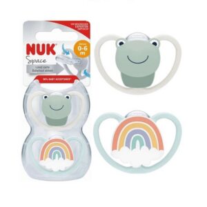 Nuk Space ortodondiline silikoonist rõngaslutt N1 0-6 kuud valge konn/sinine vikerkaar 2tk