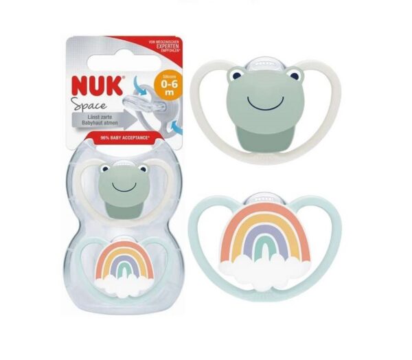 Nuk Space ortodondiline silikoonist rõngaslutt N1 0-6 kuud valge konn/sinine vikerkaar 2tk