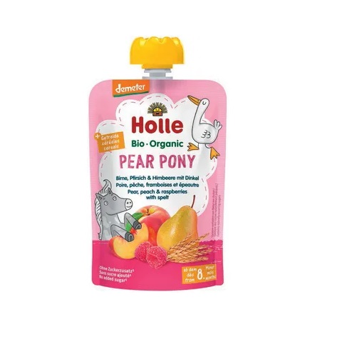 Holle PEAR PONY pirni-, virsiku-, vaarika- ja speltanisupüree imikutele alates 8. kuust, biodünaamiline 6×100 g (1tuub-1,69eur)