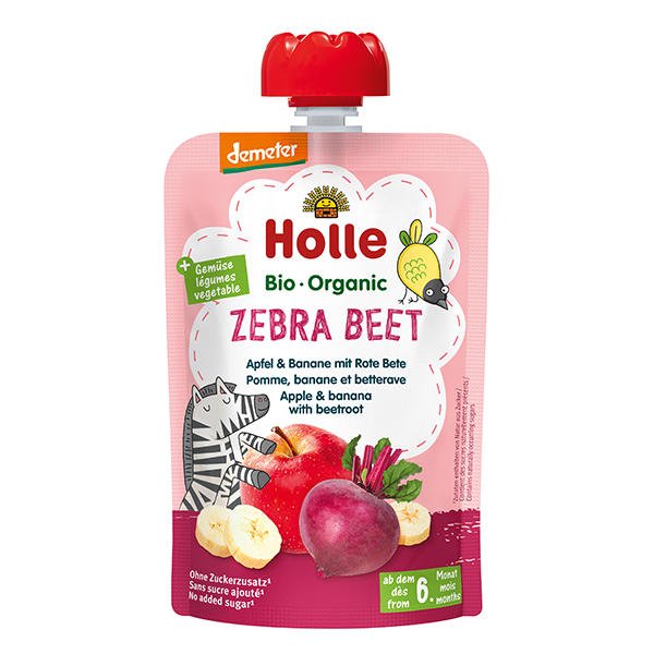 Õuna-banaanipüree punapeediga 6×100 g, alates 6-elukuust Holle (1tuub-1,69eur) ZEBRA