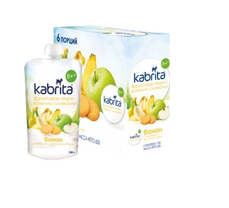 Puuviljapüree hapupiimaga kitsepiimast Banaan küpsiste ja õunapüreega Kabrita, alates 8+kuust, 6x100g(1tuub-3,17eur)