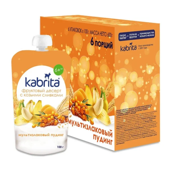 Kabrita Mitmeviljapuding astelpajuga ,puuviljapüree ,teravilja ja kitsekreemiga “Mitmeviljapuding” alates 6+kuust 3x100g(1tuub-3,36eur)