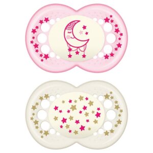MAM öölutt Night Original helendav 6+ ortodontiline  2tk roosa kuu ja valge tähekestega steriliseerimiskarbis