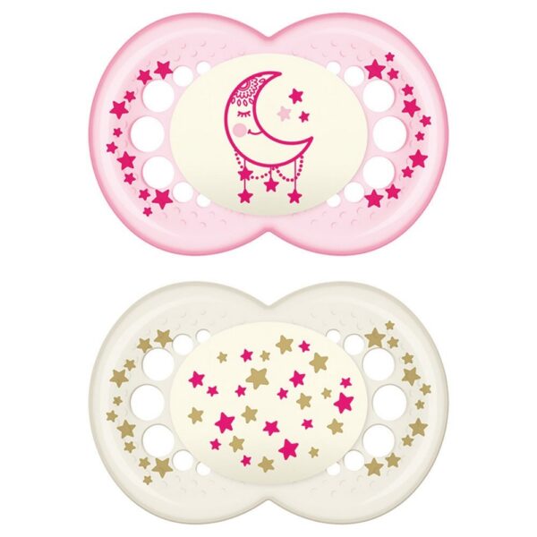 MAM öölutt Night Original helendav 6+ ortodontiline  2tk roosa kuu ja valge tähekestega steriliseerimiskarbis
