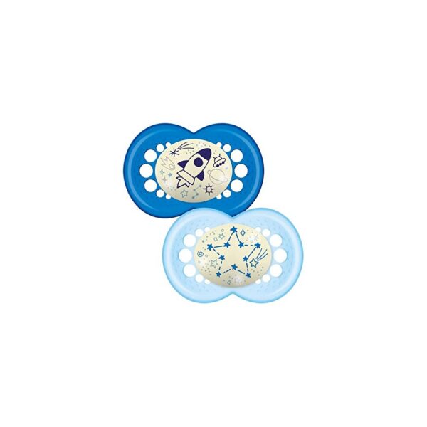 MAM silikoon öölutt Night Original helendav 6-16 ortodontiline  2tk sinine rakett/helesinine täheke steriliseerimiskarbis