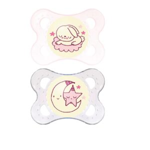 MAM Original Night pimedas helendav öölutt 2-6k silikoonlutt 2 tk pakis roosa jänku/valge kuu tähega