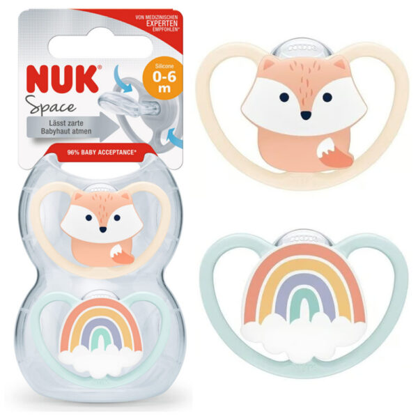 Nuk Space ortodondiline silikoonist rõngaslutt N1 0-6 kuud valge rebane/sinine vikerkaar 2tk