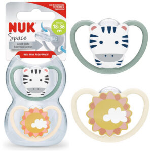 Nuk Space ortodondiline silikoonist rõngaslutt N3 18-36 kuud valge päike/sinine sebra 2tk