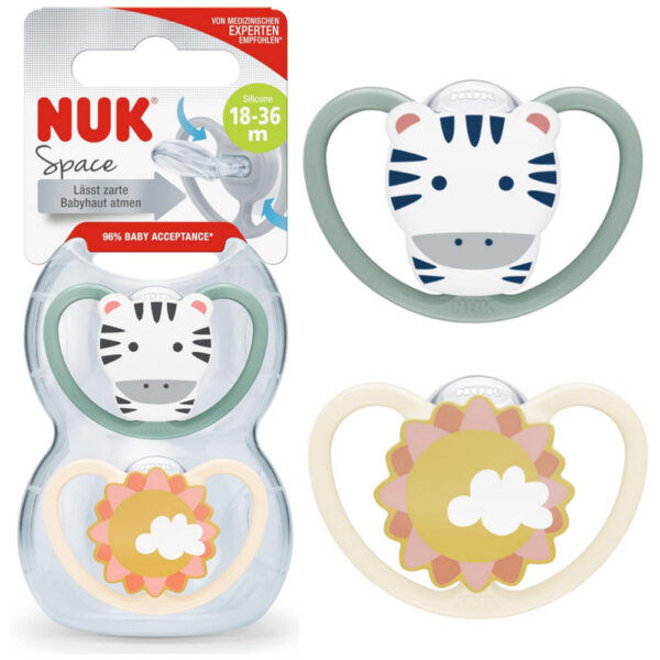 Nuk Space ortodondiline silikoonist rõngaslutt N3 18-36 kuud valge päike/sinine sebra 2tk