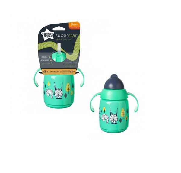 Tommee Tippee SuperStar Training Straw Cup kõrre ja käepidemetega 6+kuud 300ml roheline loomakestega