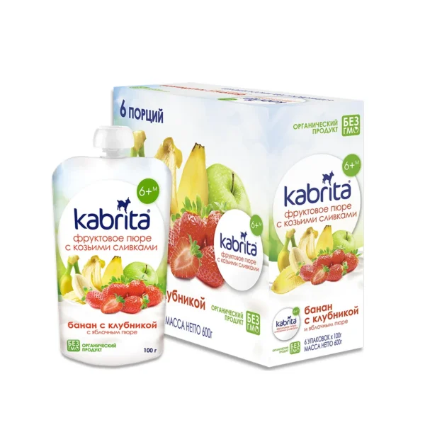 Püree Kabrita kitsepiim, banaanid,maasikad ja õunad alates 6+kuust 6x100g(1tuub-3,17eur)