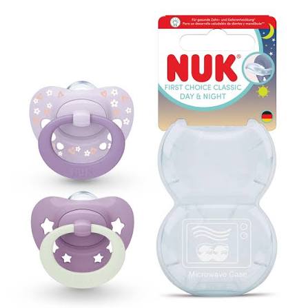 Nuk First Choice lutt päev-ja öörõngaslutt 6-18m 2tk õrnlilla lilledega/lilla tähekestega
