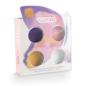 NAMAKI BIO näovärvide komplekt: roosa, lilla, kuldkollane, valge ning ajutised tätoveeringud, Butterfly