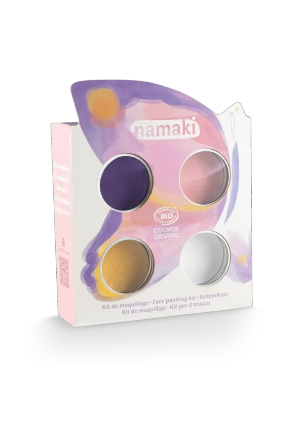 NAMAKI BIO näovärvide komplekt: roosa, lilla, kuldkollane, valge ning ajutised tätoveeringud, Butterfly