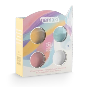 NAMAKI BIO näovärvide komplekt: roosa, helesinine, kuldkollane, valge ning ajutised tätoveeringud, Unicorn