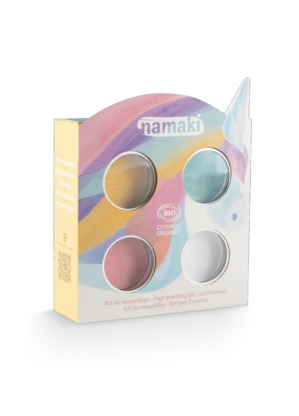 NAMAKI BIO näovärvide komplekt: roosa, helesinine, kuldkollane, valge ning ajutised tätoveeringud, Unicorn