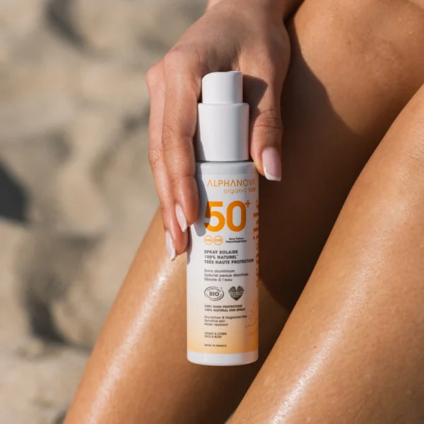 ALPHANOVA Organic Sun Sensitiv+ lõhnavaba orgaaniline päikesekaitsesprei SPF 50+ tundlikule ja reaktiivsele nahale, 100 g