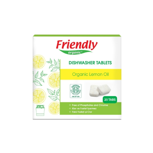 FRIENDLY ORGANIC fosfaadi ja kloorivabad nõudepesumasinatabletid orgaanilise sidruniõliga, 25 tk