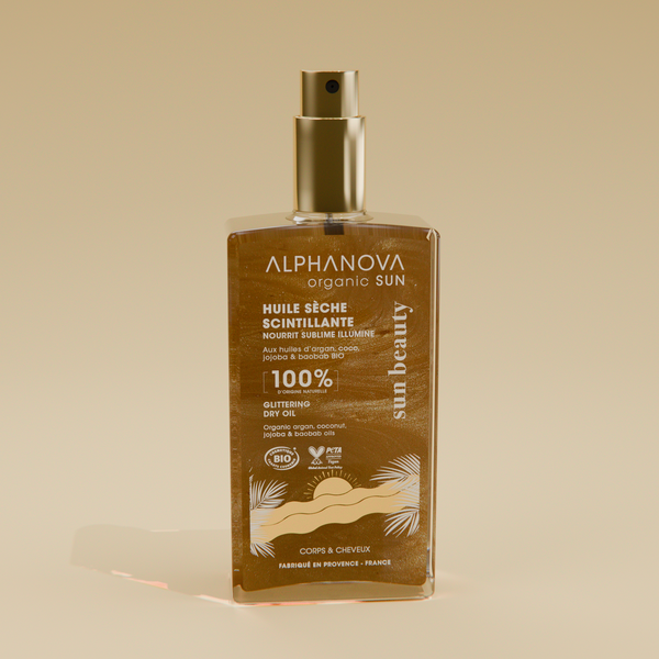 ALPHANOVA Organic Sun sädelev orgaaniline kuivõli kehale ja juustele argaania-, jojoba- ja baobabi õliga, 100ml