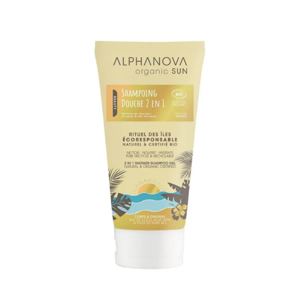 ALPHANOVA SUN 2in1 päevitusjärgne monoi lõhnaline juukseid ja keha hooldav šampoon-dušigeel, 150 ml