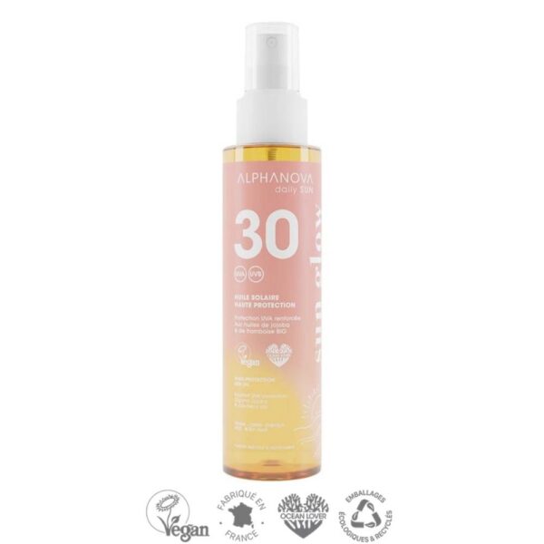 ALPHANOVA DAILY SUN SPF30 veekindel sprei päevitusõli vaarikaseemne ja jojobaõliga monoi lõhnaga, 125 ML