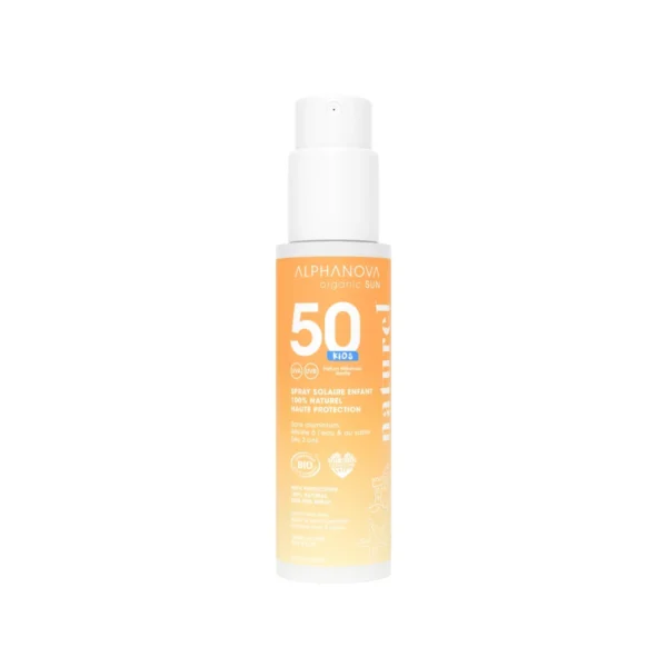 ALPHANOVA Organic Sun 100% looduslik mineraalfiltritega laste päikesekaitsesprei tundlikule nahale vanilje milkshake'i lõhnaga SPF50, 100g