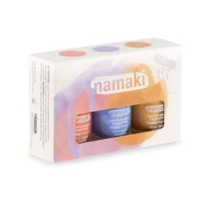 NAMAKI kolmest mahakooritavast küünelakist ja viilist koosnev komplekt, Sunset Water 3*7,5 ml