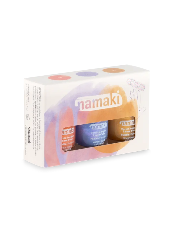 NAMAKI kolmest mahakooritavast küünelakist ja viilist koosnev komplekt, Sunset Water 3*7,5 ml